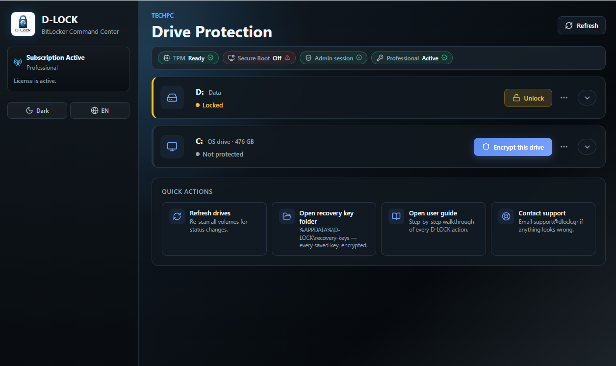 D-LOCK home screen with all drive cards